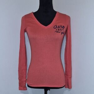 Aeropostale Coral Long Sleeve V-Neck Tee